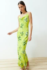 Trendyol Green Floral Degaje Collar Strap Midi Woven Dress