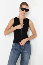 Trendyol Black Zipper Zero Sleeve Body Fitted Ribbed Flexible Knitted Blouse