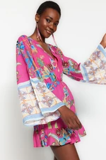 Trendyol Floral Patterned Mini Woven Flounce 100% Cotton Beach Dress