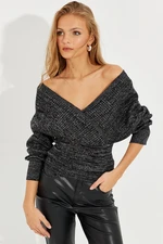 Cool & Sexy Women's Black-Silver Double Breasted Glittery Sweater