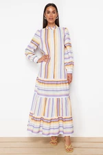 Trendyol Lilac Striped Skirt Ruffled Linen Look Woven Dress