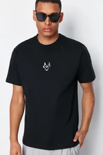 Trendyol Black Regular Cut Wolf Embroidered 100% Cotton T-Shirt