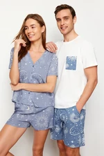 Trendyol Women's Couple/Pair Blue Galaxy Pattern Viscose Woven Pajamas Set