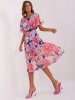 Dark blue and pink floral pleated dress