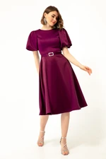 Lafaba Women's Plum Satin Evening Dress with Balloon Sleeves and Stones and a Belt.