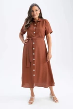 DEFACTO Shirt Collar Linen Look Midi Short Sleeve Woven Dress