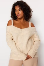 Trendyol Curve Beige Wide Collar Strap Detailed Knitwear Sweater