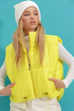 Trend Alaçatı Stili Women's Yellow Standing Collar Double Pockets Fully Filled Inflatable Vest with an Adjustable Waist