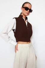 Trendyol Brown Crop Zippered Basic Knitwear Cardigan