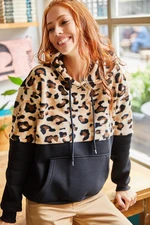 Olalook Women's Black Leopard Fleece Leopard Detail Fleece Inside Thick Sweatshirt