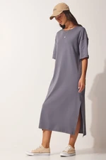 Happiness İstanbul Women's Anthracite Cotton Daily Combed Combed Dress