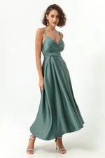 Lafaba Women's Satin Midi Evening Dress &; Prom Dress with Turquoise Rope Straps and Waist Belt.