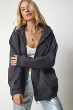 Happiness İstanbul Women's Anthracite Hooded Zipper Oversized Sweatshirt