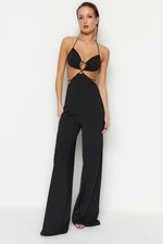 Trendyol Black Lined Knitted Jumpsuit with Window/Cut Out Detail, biased