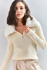 Bianco Lucci Women's Collar Shearling Fur, Zippered Knitwear Sweater