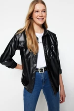 Trendyol Black Relaxed-cut Faux Leather Shirt with Pocket