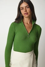 Happiness İstanbul Women's Green Zipper Stand Up Collar Corduroy Knitwear Blouse