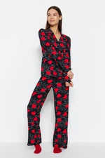 Trendyol Black Heart Viscose Shirt-Pants Woven Pajama Set