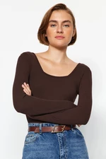 Trendyol Brown Square Collar Long Sleeved Corduroy Stretchy Knitted Bodysuit