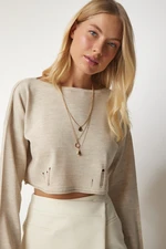 Happiness İstanbul Women's Beige Torn Detailed Knitwear Crop Sweater