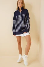 Happiness İstanbul Women's Navy Blue White Zippered Stand-Up Collar Striped Oversized Sweater