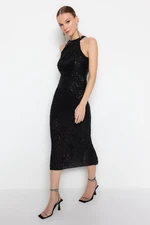 Trendyol Black Fitted Evening Dress with Knitting Lined and Shimmering Sequins