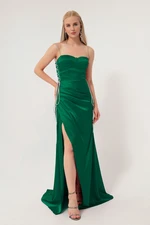 Lafaba Women's Emerald Green Strapless Long Satin Evening Dress.