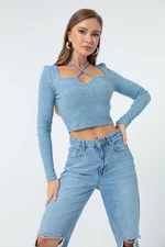 Lafaba Women's Blue Long Sleeve Knitted Crop