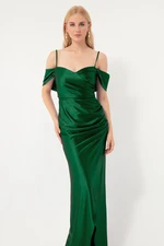 Lafaba Women's Emerald Green Evening Dress with Thin Straps, Double Breasted Neck and Slit.