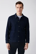 Avva Men's Navy Blue Classic Collar 100% Cotton Comfort Fit Comfortable Cut Denim Coat