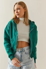 XHAN Emerald Green Raised Zipper & Hooded Sweatshirt