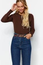 Trendyol Brown Basic Crew Neck Pletený sveter