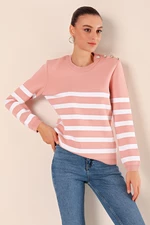 Bigdart 15820 Button Detailed Striped Sweater - Powder