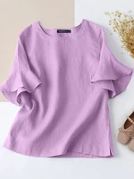 Solid Ruffle Half Sleeve Split Round Neck Casual Cotton Blouse