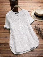 S-5XL Casual Women Cotton Patchwork Loose Short Sleeve Blouse