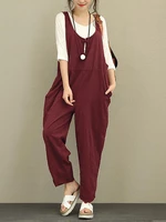 Plus Size Vintage Women Pure Color Cotton Jumpsuits