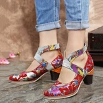 SOCOFY Snakeskin Grain Genuine Leather Splicing Flowers Pattern Comfortable Zipper Chunky Heel Pumps