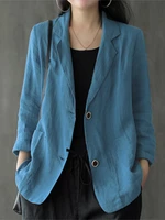 Women 100% Cotton Solid Color Button Front Business Thin All-Match Blazer With Pocket