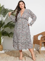 Plus Size V Neck Calico Spotted Lettuce-Edge Dress