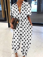 Casual Polka Dot Print Lapel Short Sleeve Button Belted Pocket Jumpsuits For Women