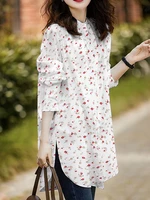 Floral Print Long Sleeve Lapel Slit Hem Blouse