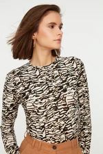 Trendyol Brown Patterned Fitted/Simple Crew Neck Crop Flexible Knitted Blouse