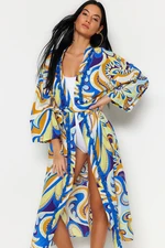 Trendyol Abstract Pattern Belted Midi Woven Kimono & Kaftan 100% Cotton With Tassels