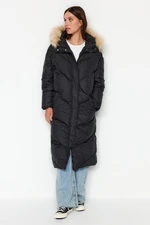 Trendyol Black Oversize Fur kapucnis vízlepergető puffer kabát