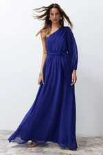 Trendyol Saks A-Cut One Sleeve Accessorized Chiffon Long Evening Evening Dress