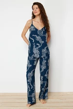 Trendyol Blue Animal Patterned Rope Strap Viscose Woven Pajama Set