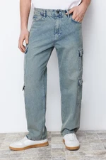 Trendyol Blue Worn Look Cargo Pocket Wide Cut Jeans Loose Denim Trousers