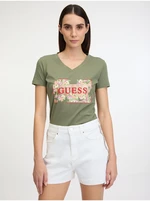 Khaki dámské tričko Guess Logo Flowers - Dámské