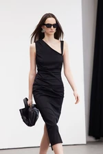 Trendyol Limited Edition Black Body-Fitting Asymmetrical Neck Detailed Midi Woven Dress