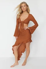 Trendyol Brown Fitted Woven Ruffle Blouse Skirt Set